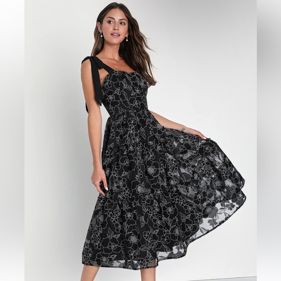 Lulus Dresses & Skirts - Lulu's Black Midi Dress with White Floral Embroidery and Tie Shoulders